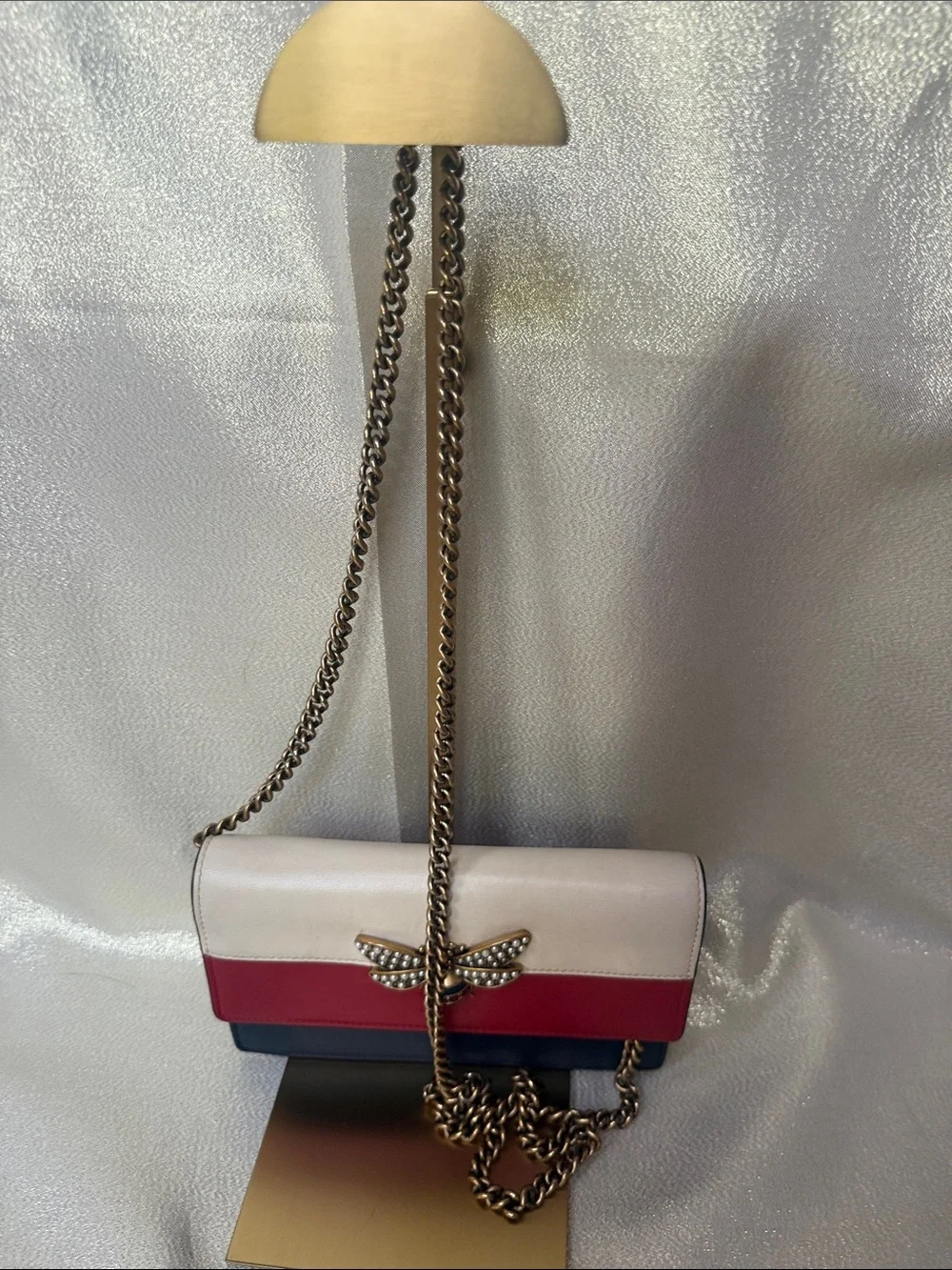 Gucci Cream Red Navy Queen Margaret Bee Flap Bag with Crossbody Chain